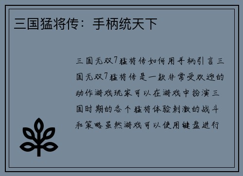 三国猛将传：手柄统天下