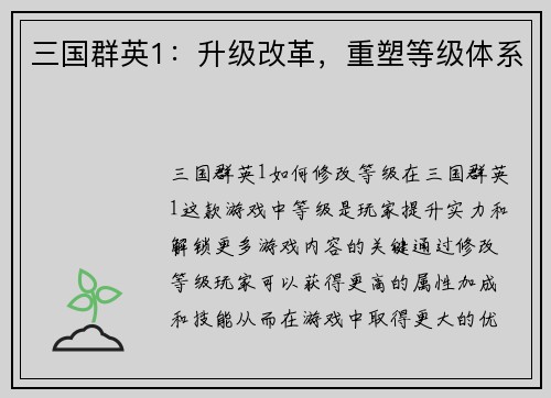 三国群英1：升级改革，重塑等级体系